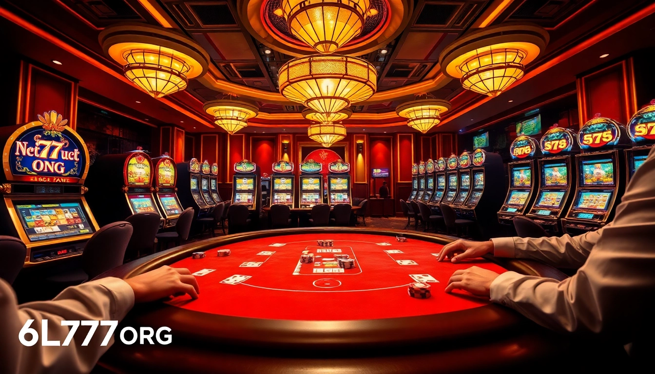Experience the thrill of high-stakes poker action at 6L777 ORG with vibrant slot machines and luxurious settings.