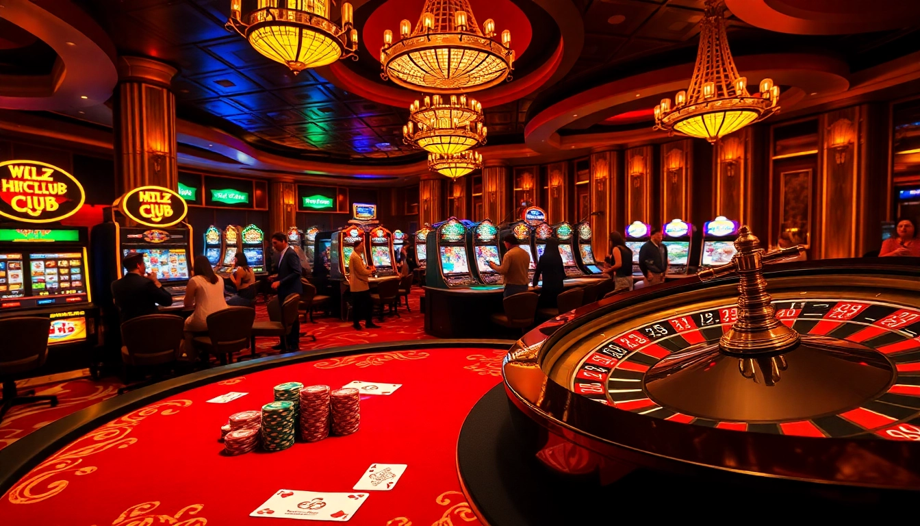 HITCLUB patrons enjoying an exhilarating casino experience with poker tables and vibrant slot machines.