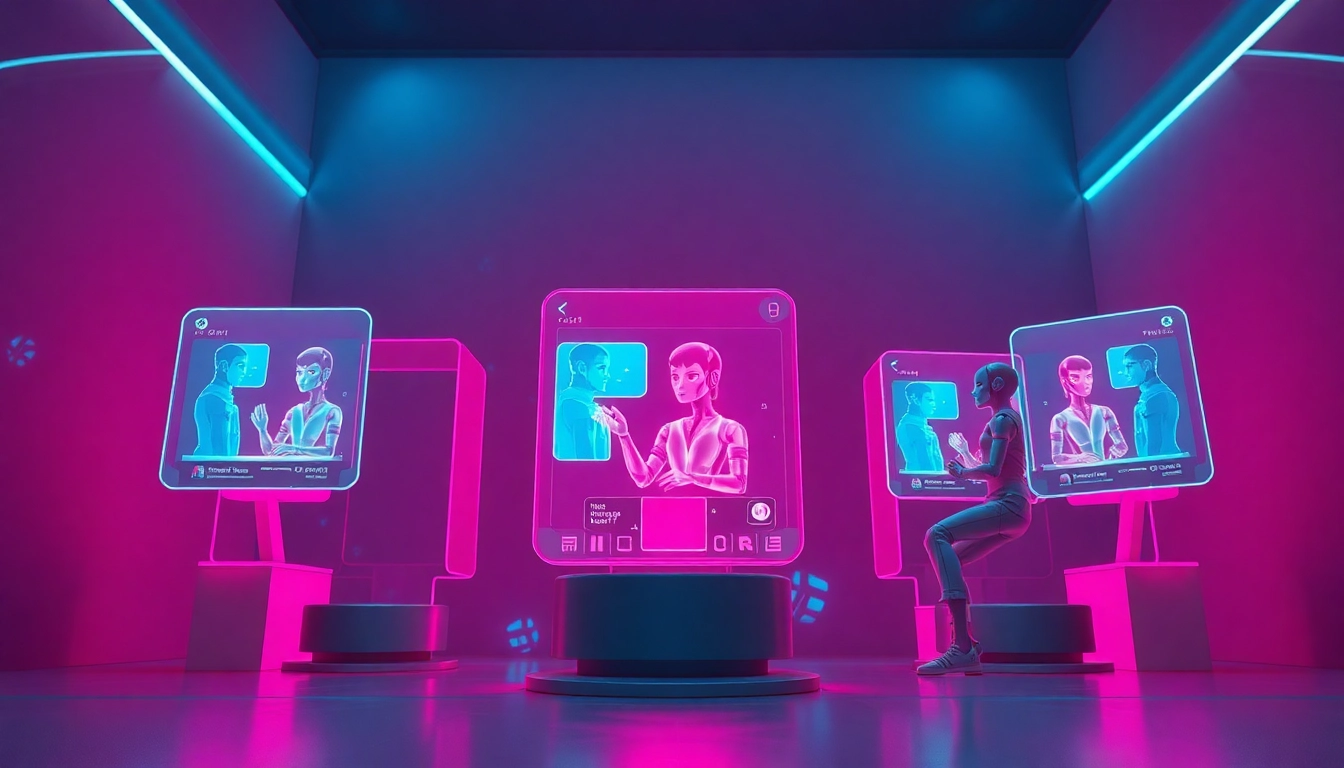 Engaging scene depicting the best NSFW AI chatbots interacting in a vibrant, futuristic digital setup.