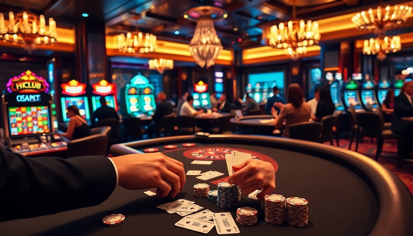 HITCLUB showcases a vibrant casino scene with players at high-stakes tables and dazzling slot machines.