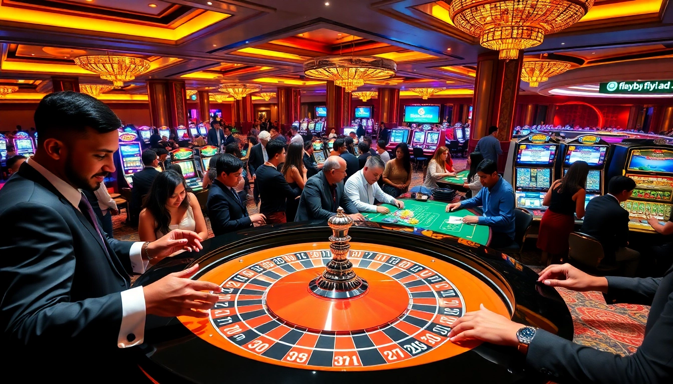 Experience the excitement of gaming at fly88.ad with a luxurious casino atmosphere featuring roulette and vibrant slot machines.