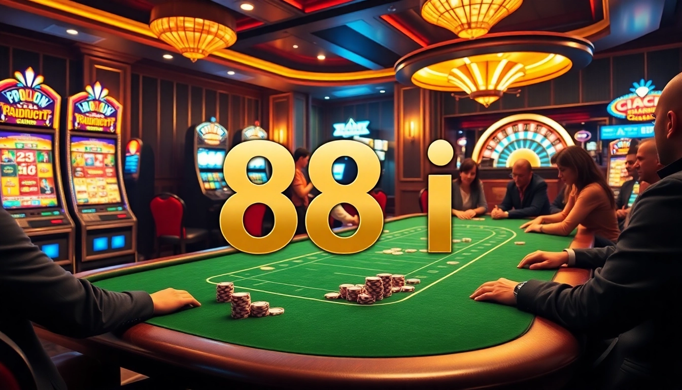 Players strategizing at a poker table with 88i-themed chips, capturing casino excitement.