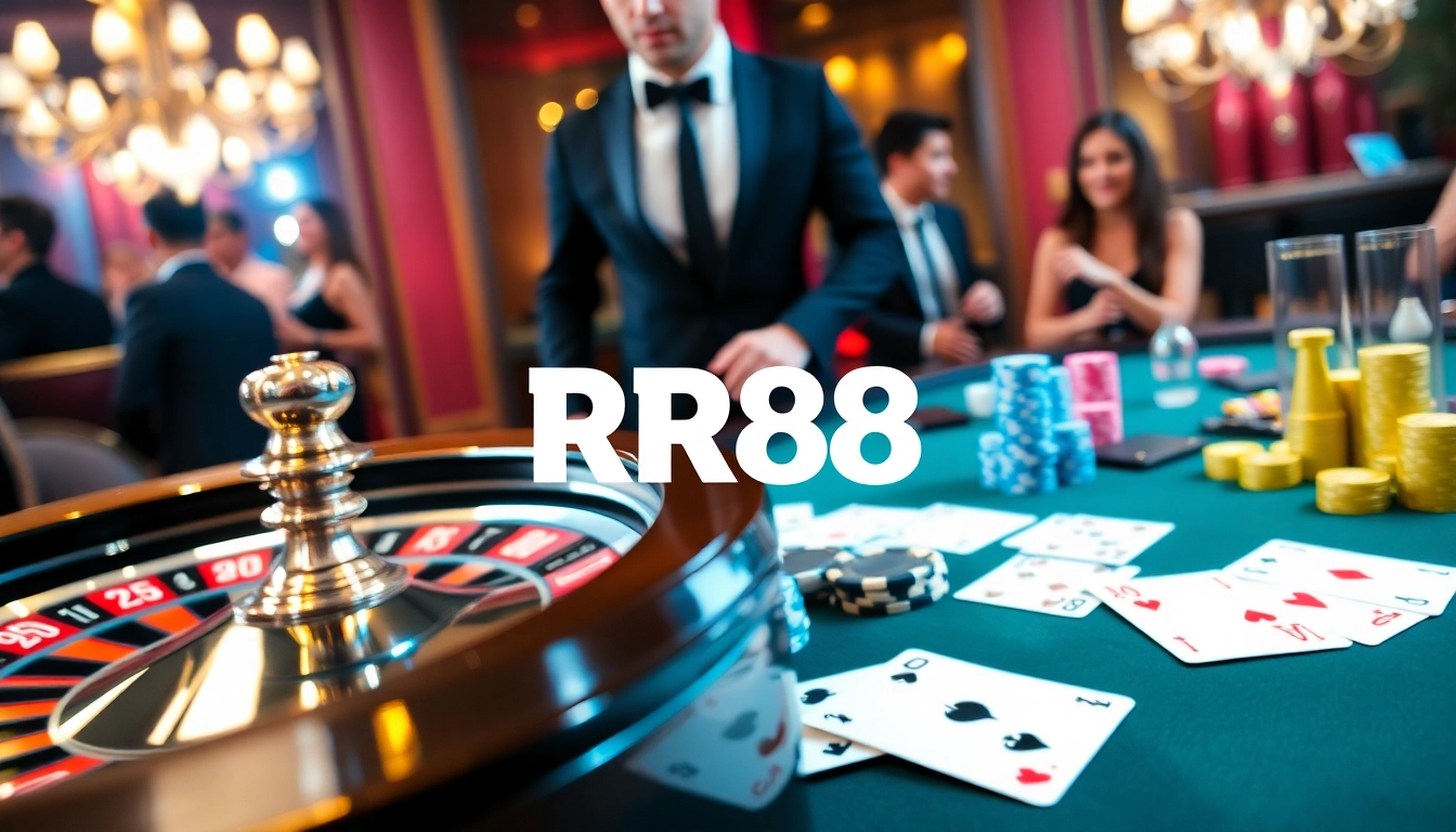 Experience the thrill of RR88 as players engage in high-stakes roulette and poker in a luxurious casino setting.