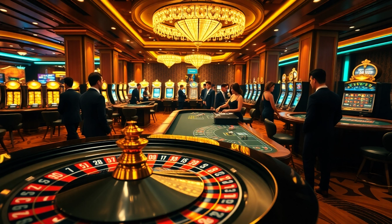 Experience luxurious gambling at SOIBET with a thrilling casino scene featuring roulette, poker, and slot machines.