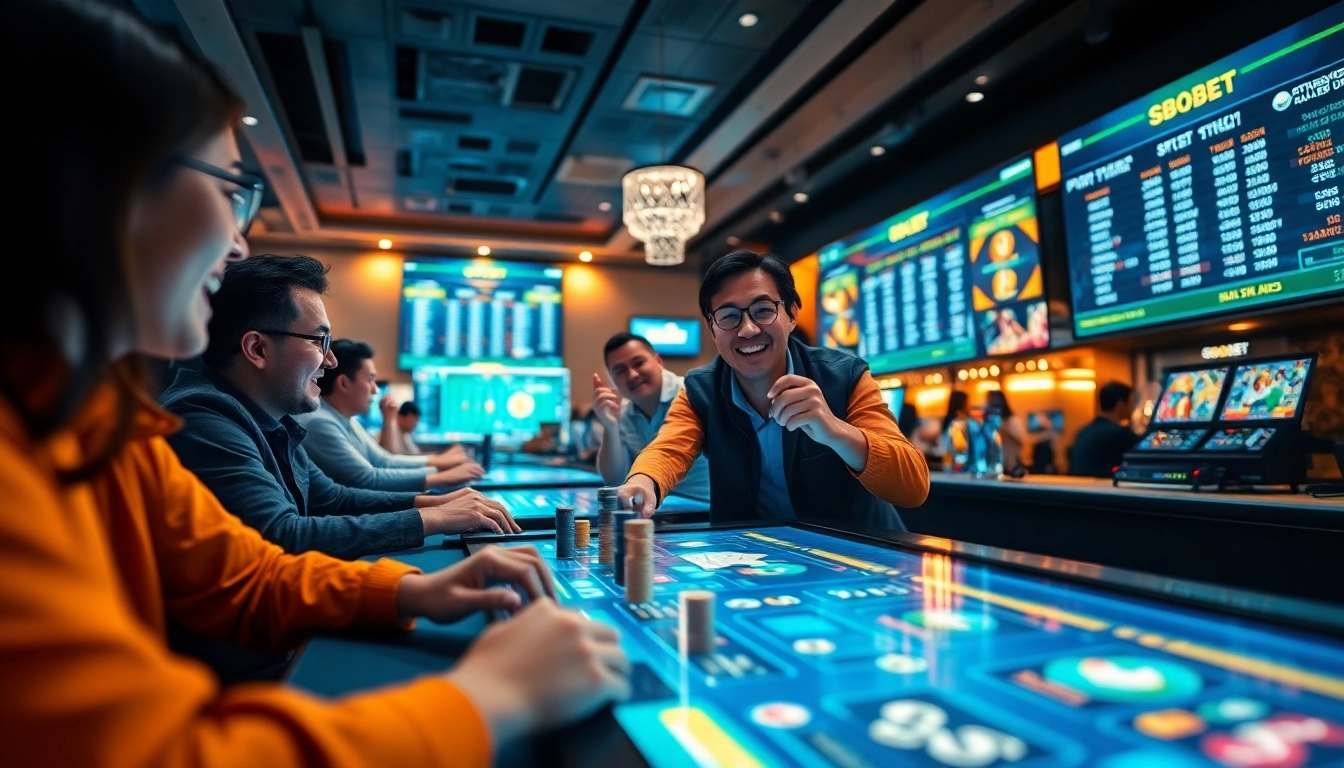 SBOBET.dance online gaming atmosphere with players engaged in sports betting and casino games.