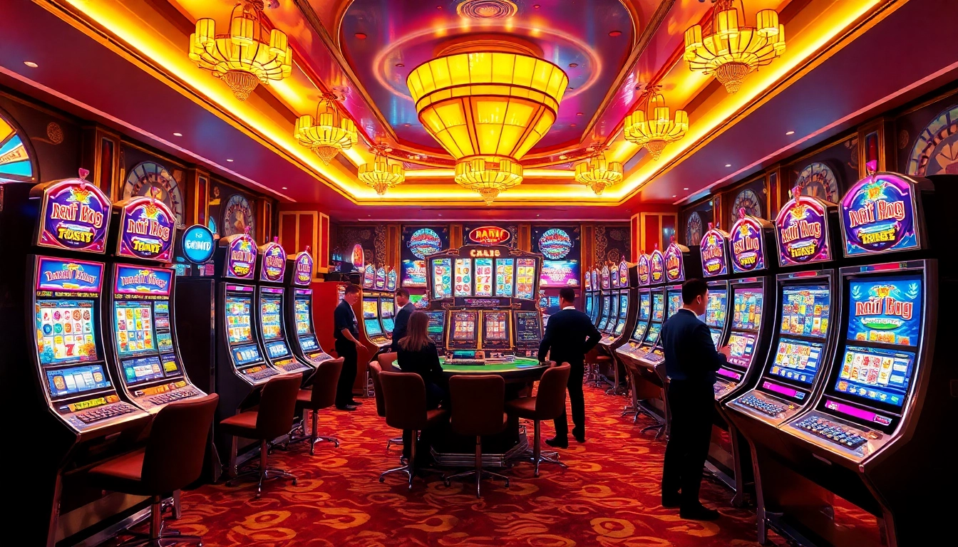 Players enjoying vibrant nổ hũ slot machines in an exciting casino environment.