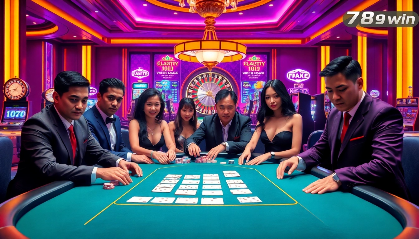 Experience the thrilling ambiance of 789win with players engaged at an opulent poker table.