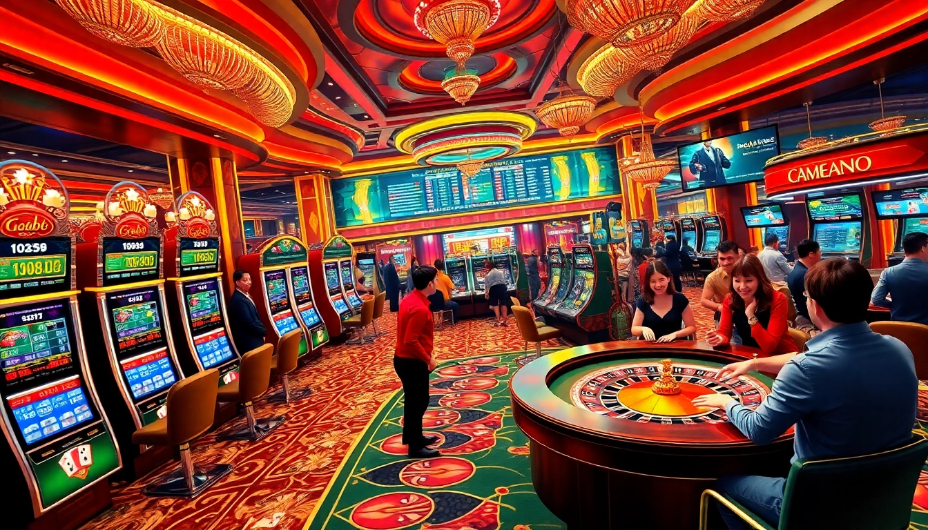 Players enjoying intense gambling action at go88 casino featuring vibrant slot machines and roulette tables.