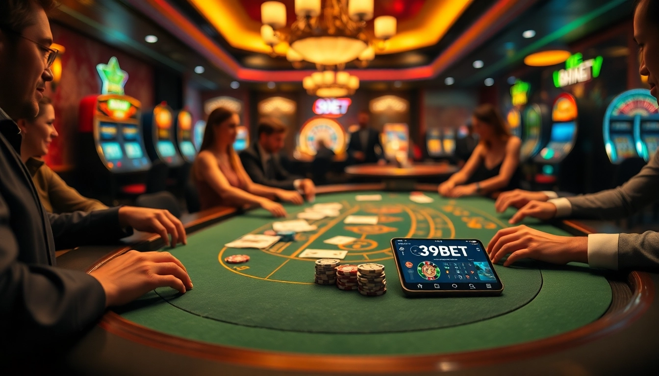 Players enjoying a thrilling blackjack game at 39BET's luxe casino table, surrounded by excitement.