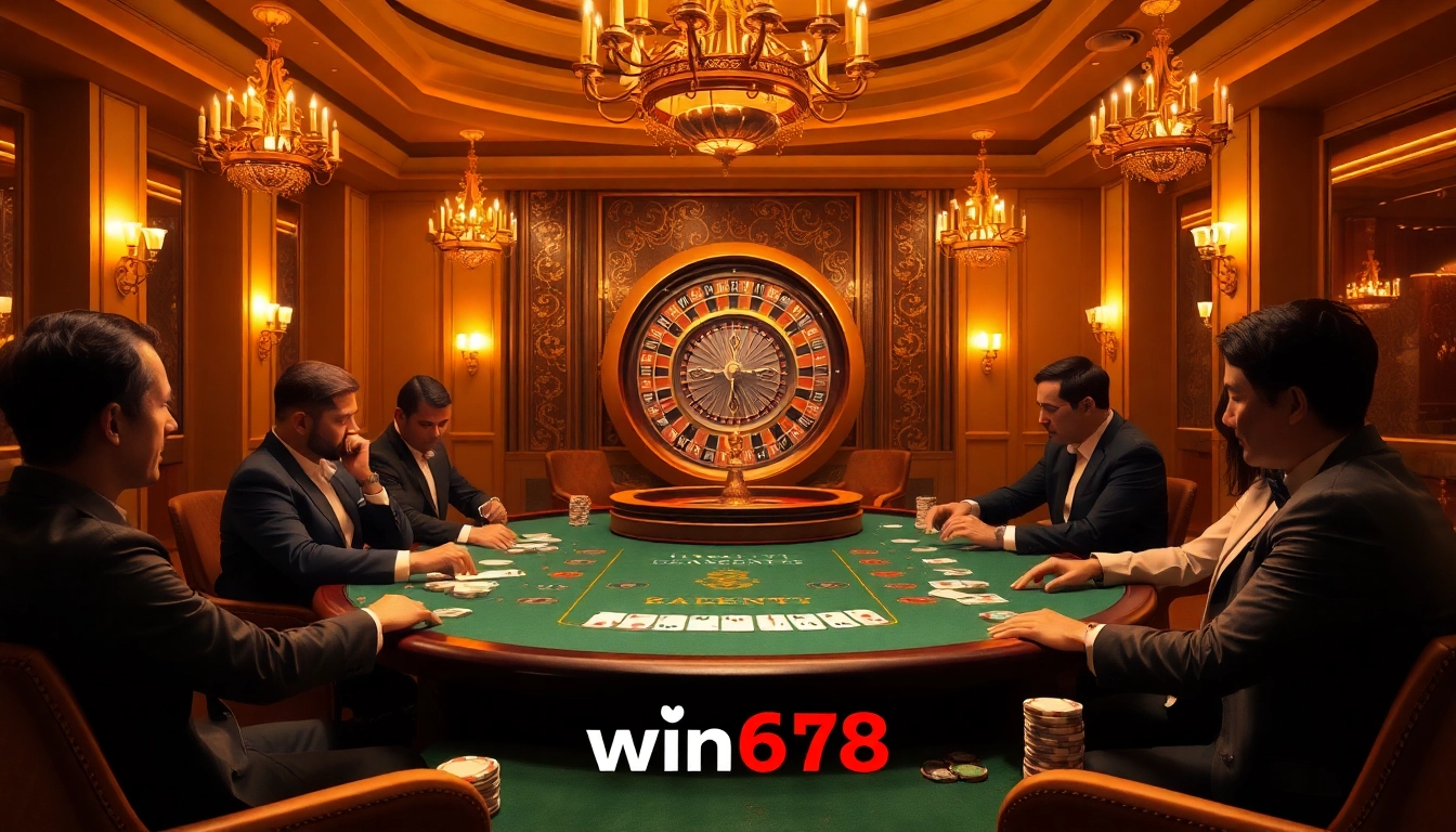 Engaged players at a luxurious win678 poker table immersed in high-stakes gambling.