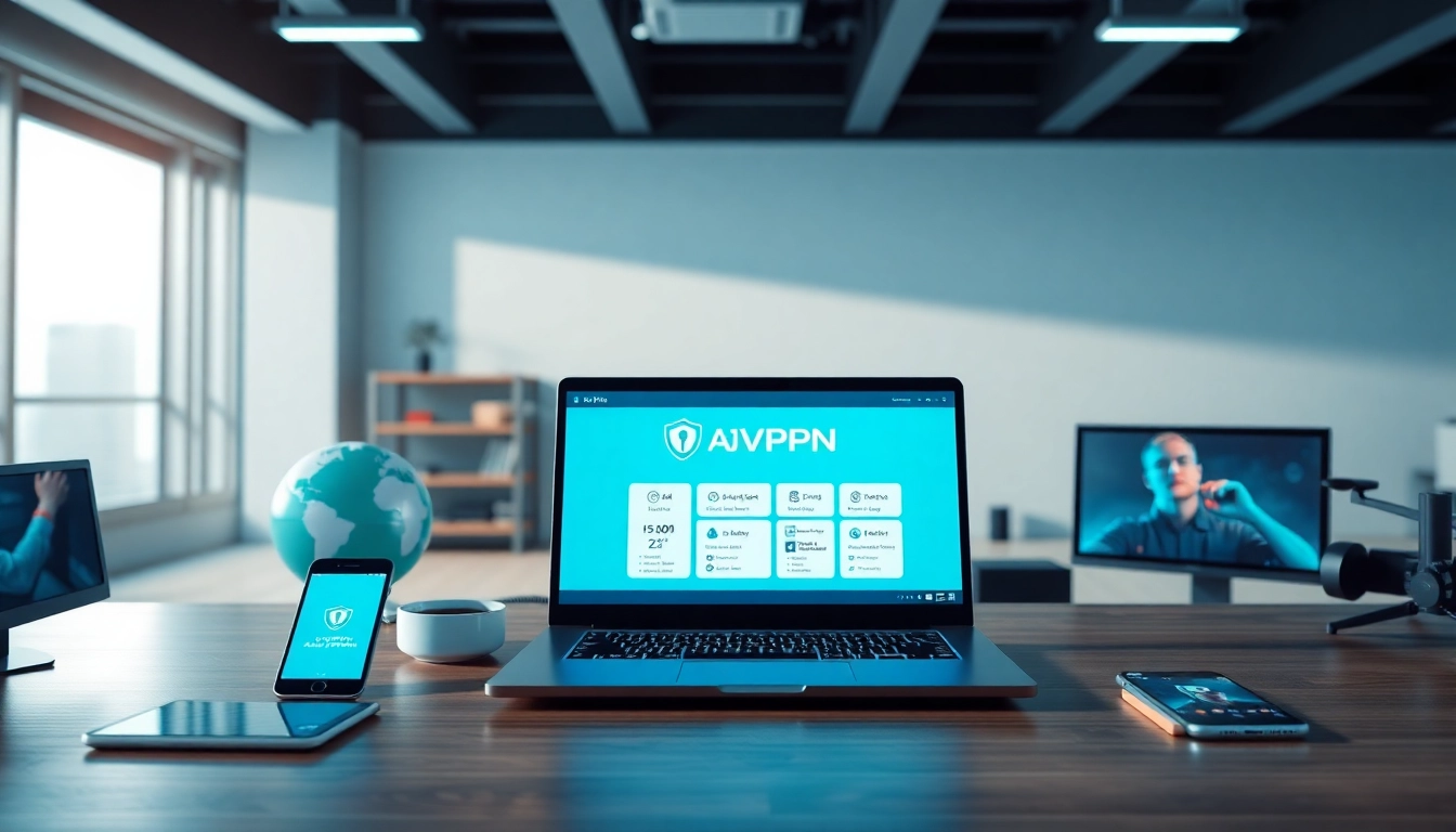 笔记本电脑上显示的快连VPN界面，旁边有多台设备，象征全球互联与在线安全。