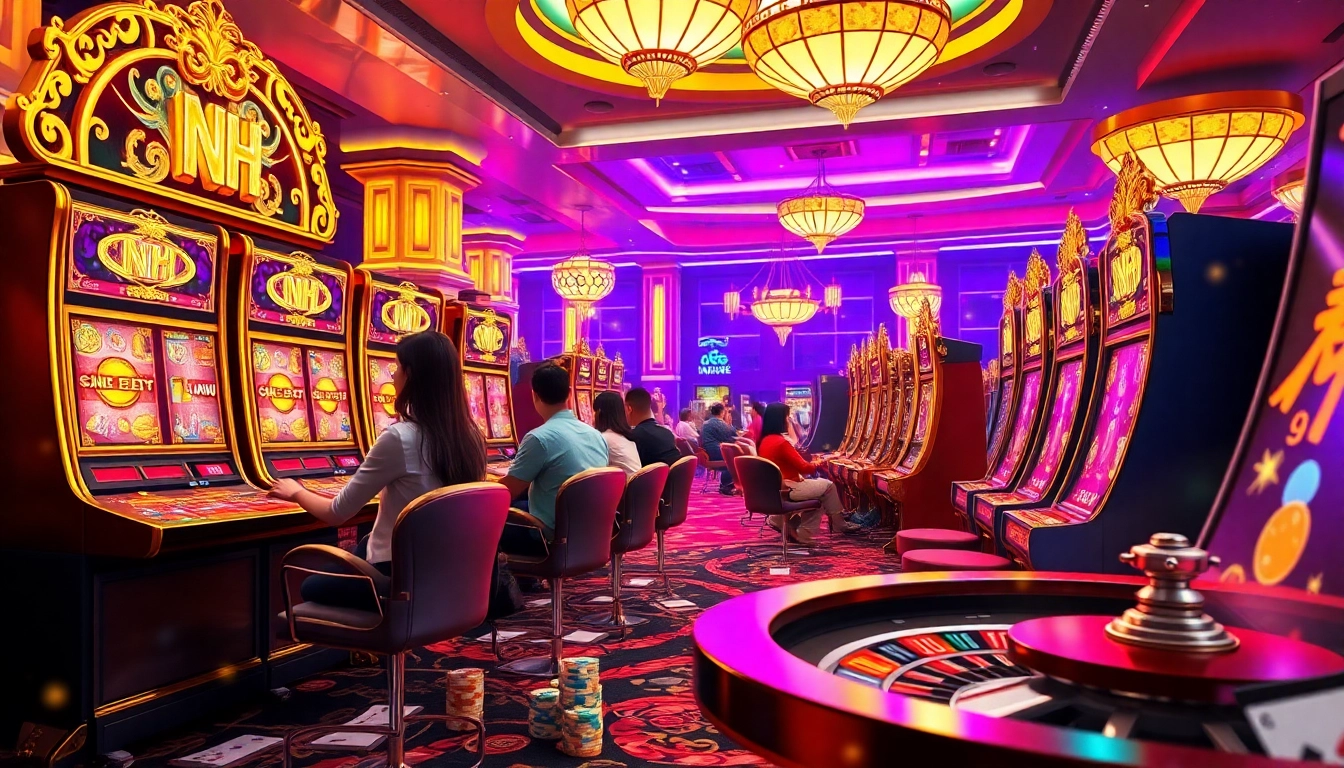 Nổ hũ slot machines light up a luxurious casino scene with excited players.