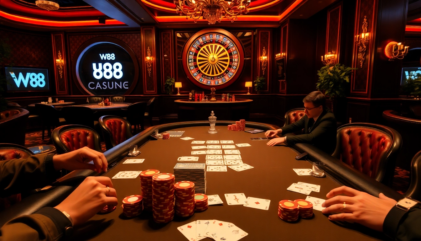 Experience the thrill of W88 gaming with a luxurious poker night scene featuring intense players and elegant casino decor.