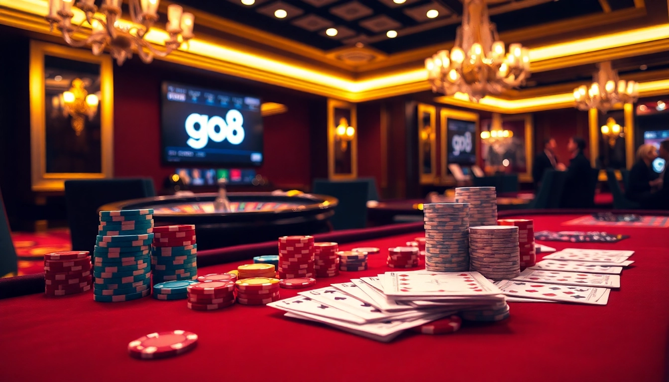 Players enjoying a high-stakes game at the go8 casino with vibrant poker chips and cards on the table.