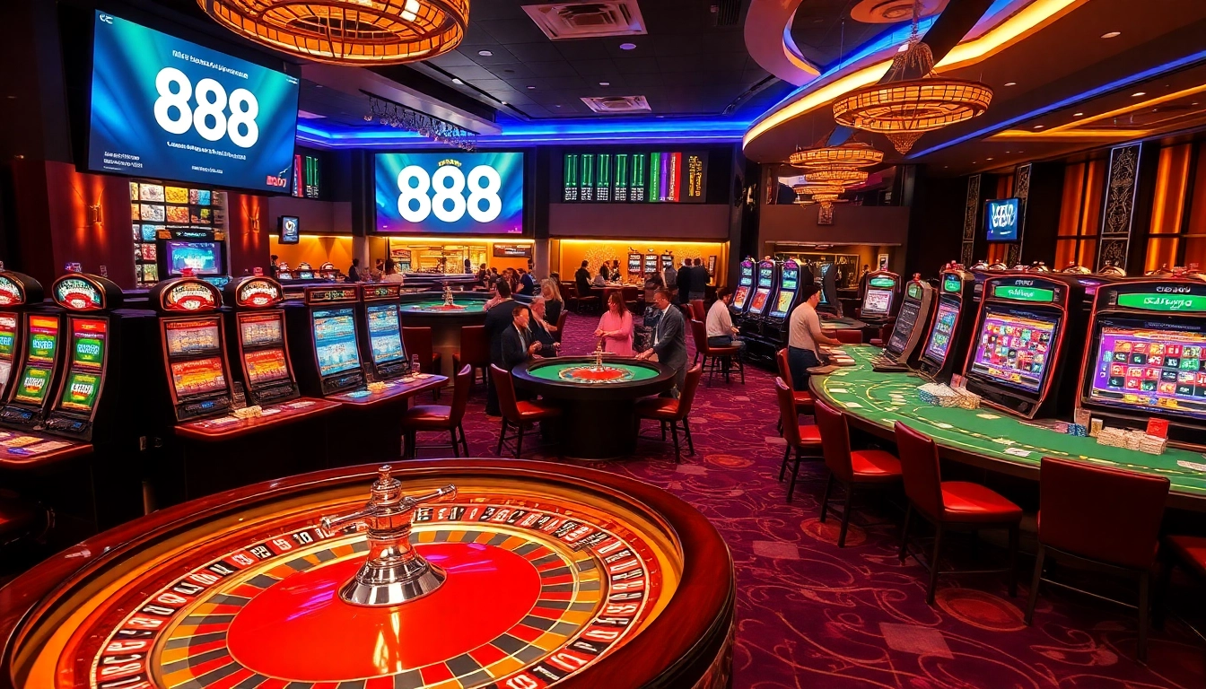 Players engaging with a roulette wheel and slot machines in a luxurious casino environment promoting 888b.