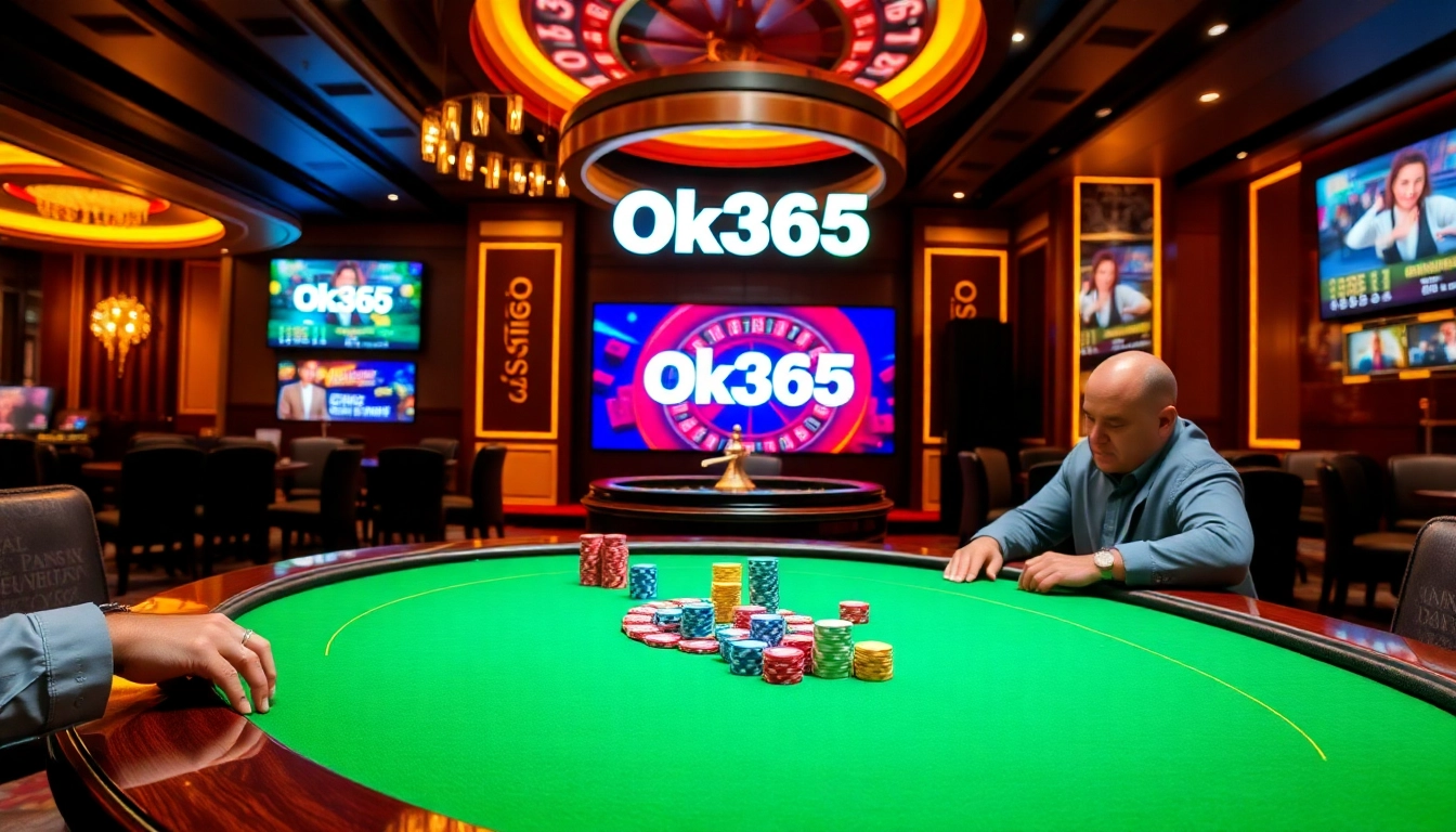 Players enjoy a thrilling poker game at Ok365, surrounded by vibrant casino elements and strategic betting.
