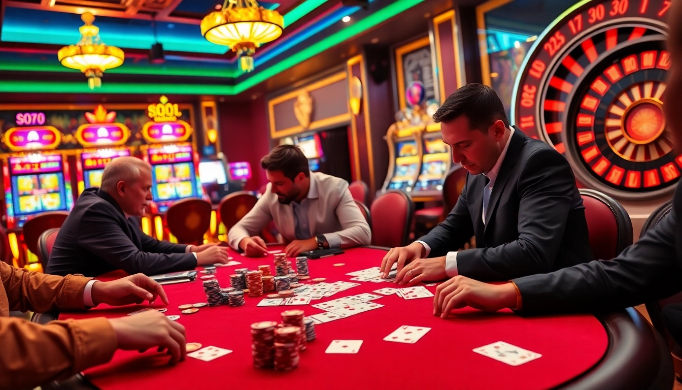 Engage in exciting poker gameplay at a luxurious casino, featuring kk vin chips and vibrant slot machines.