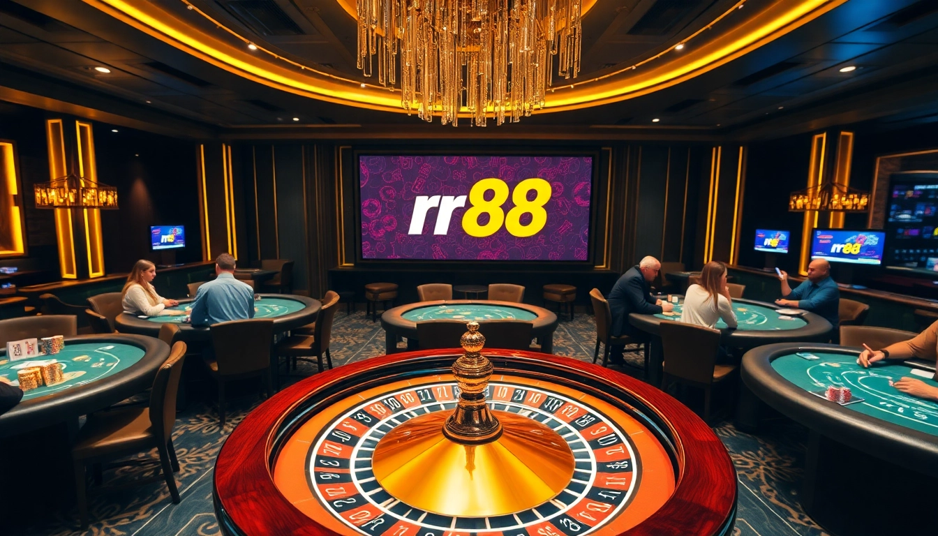 Engaging players at a luxurious casino table featuring rr 88 logo and vibrant poker chips.