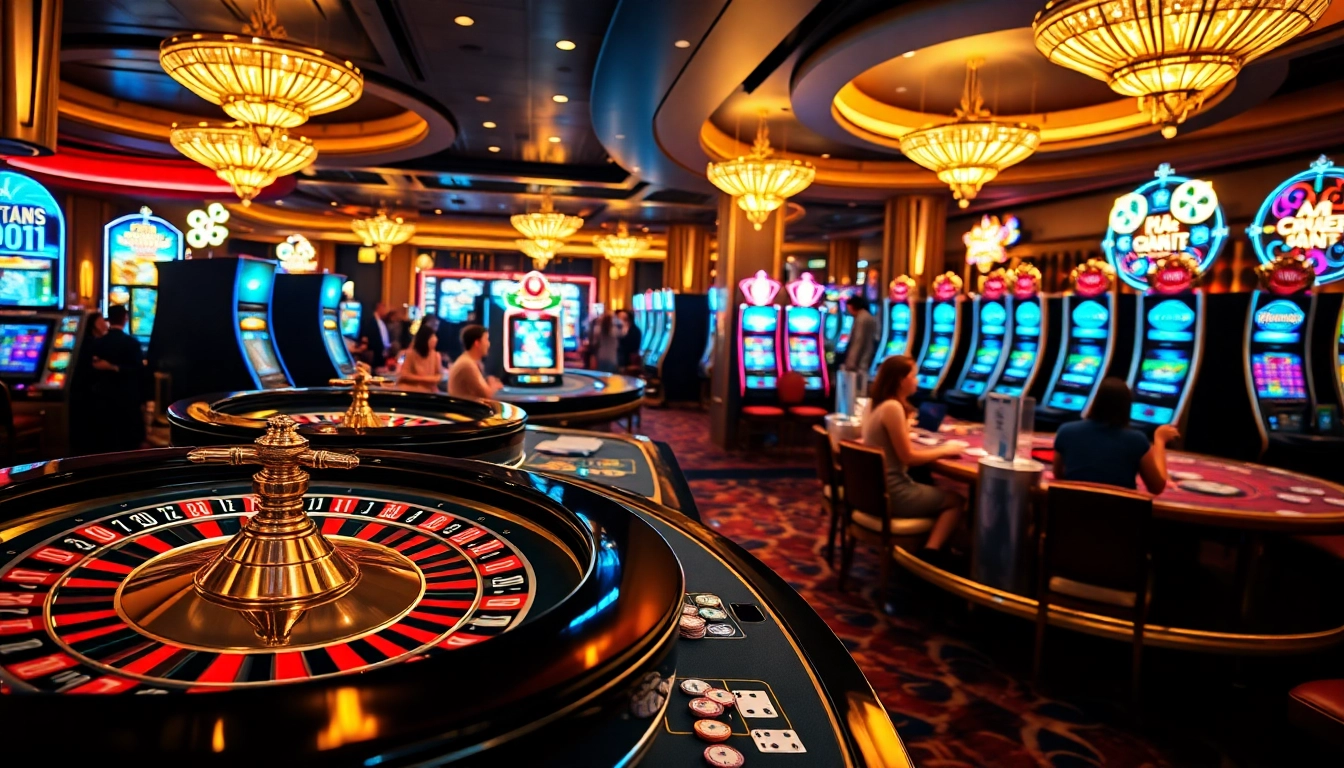Gambling excitement at https://jun88pl.com/ with vibrant slot machines and roulette wheels.