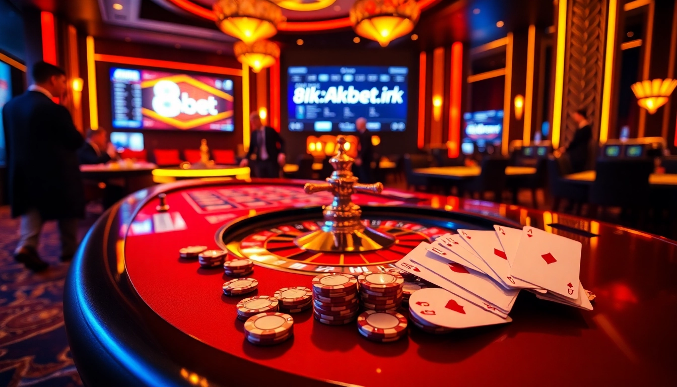 Experience the thrill of gambling at http://8kbet.ink/ with vibrant casino tables, poker chips, and engaging players.