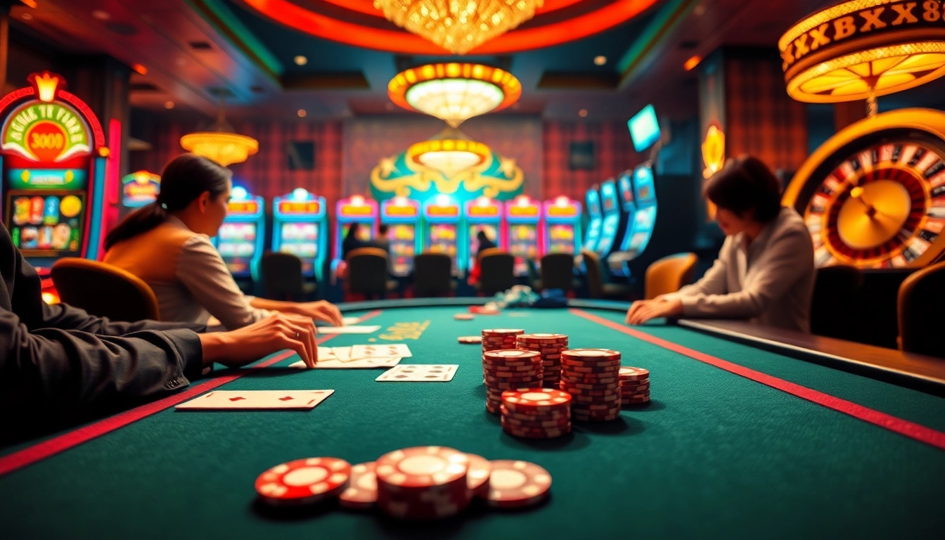 Players enjoying an exciting game at ONBET88 poker table in a vibrant casino atmosphere.