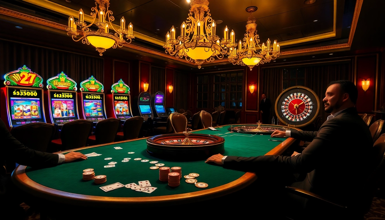 Engaging poker players in a luxurious casino scene showcasing nk88 themed excitement with colorful chips and cards.