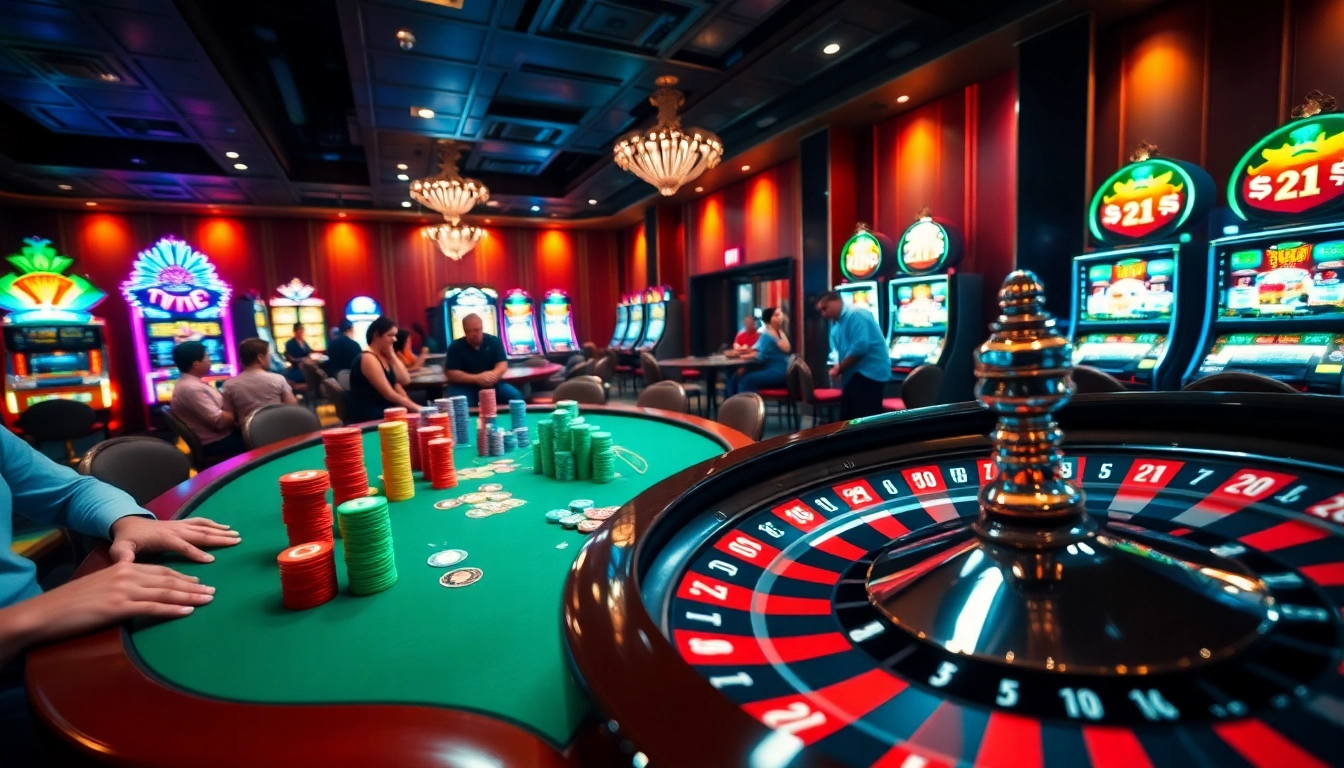 Exciting gambling action at 789club with poker chips and slot machines.