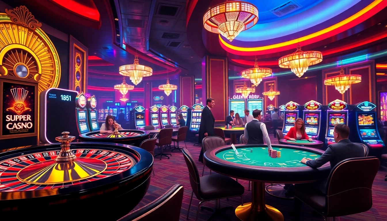 Players enjoying a thrilling session at MB66 Casino, surrounded by vibrant slot machines and classic poker tables.