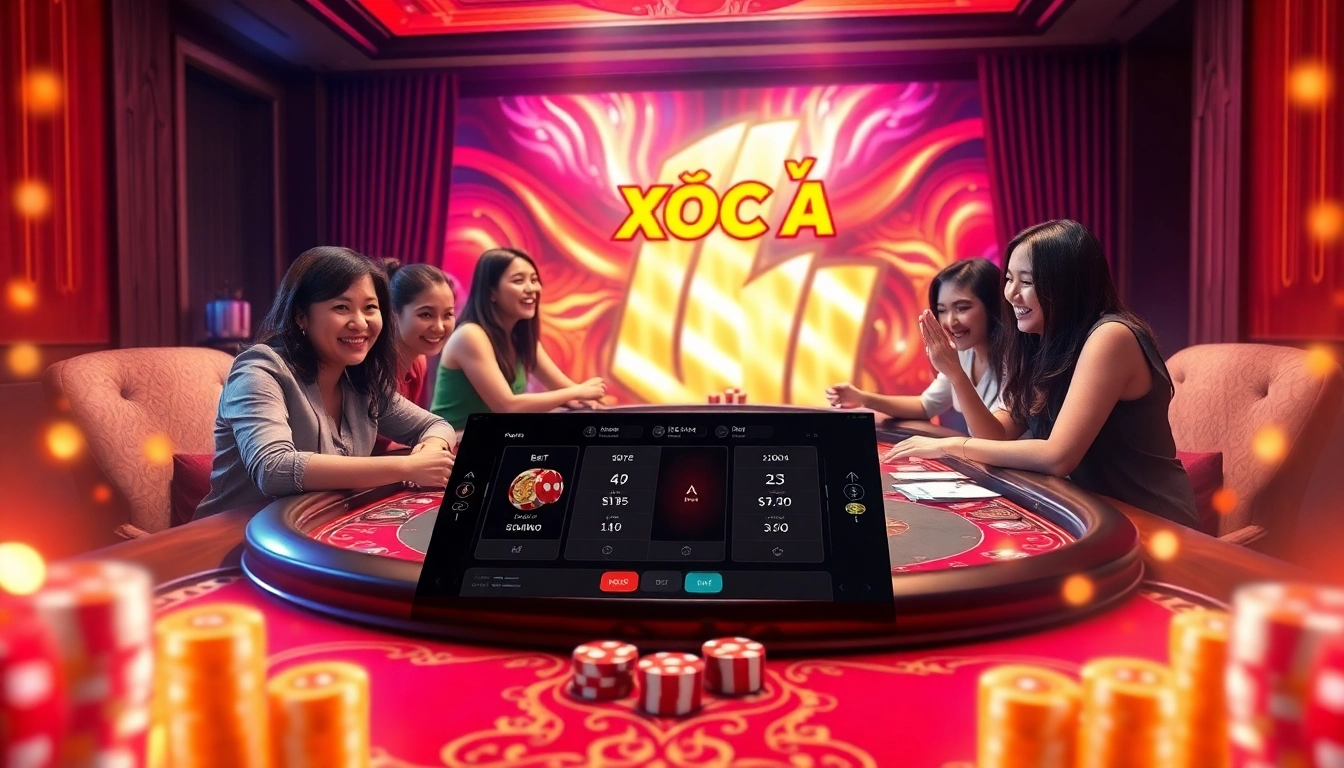 Xóc Đĩa exciting online gaming action highlighted at https://xocdias.com.co/ with friends cheering and vibrant casino elements.