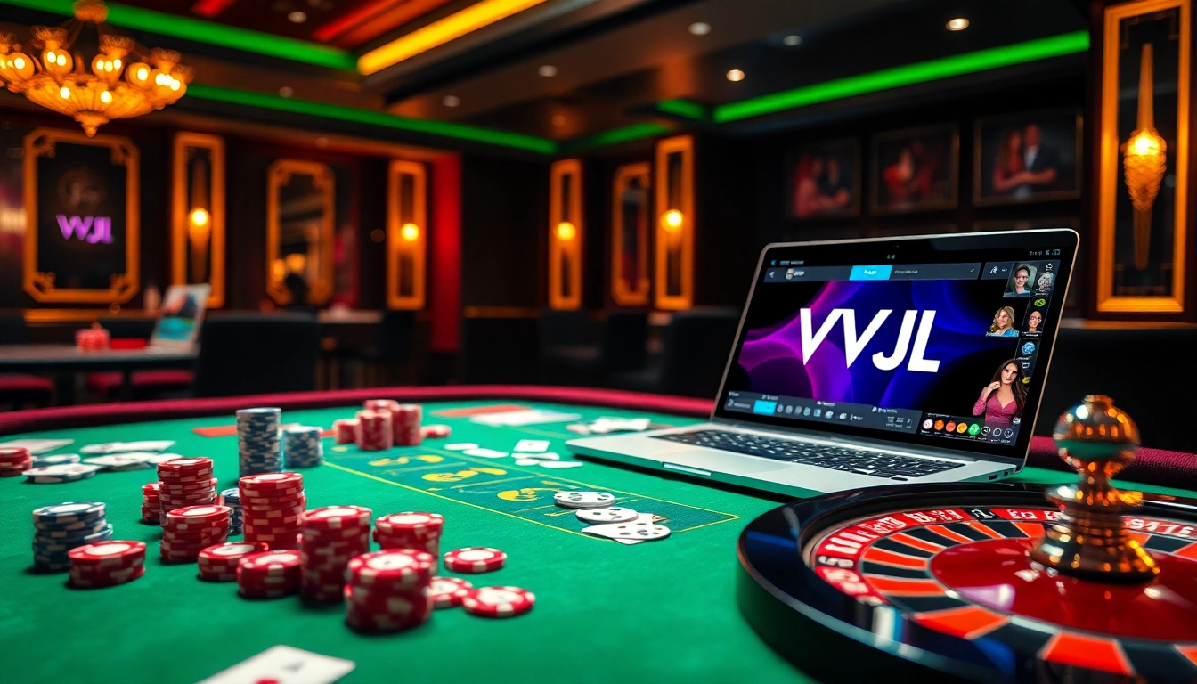 Players winning at VVJL casino with a vibrant table, chips, and online interface.