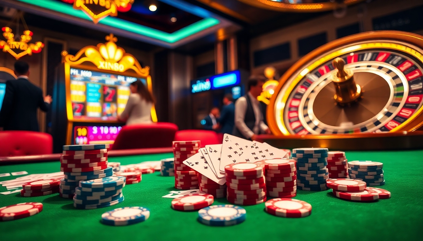 Experience the thrill of gambling at xin88 with vibrant casino tables and elegant poker setups.