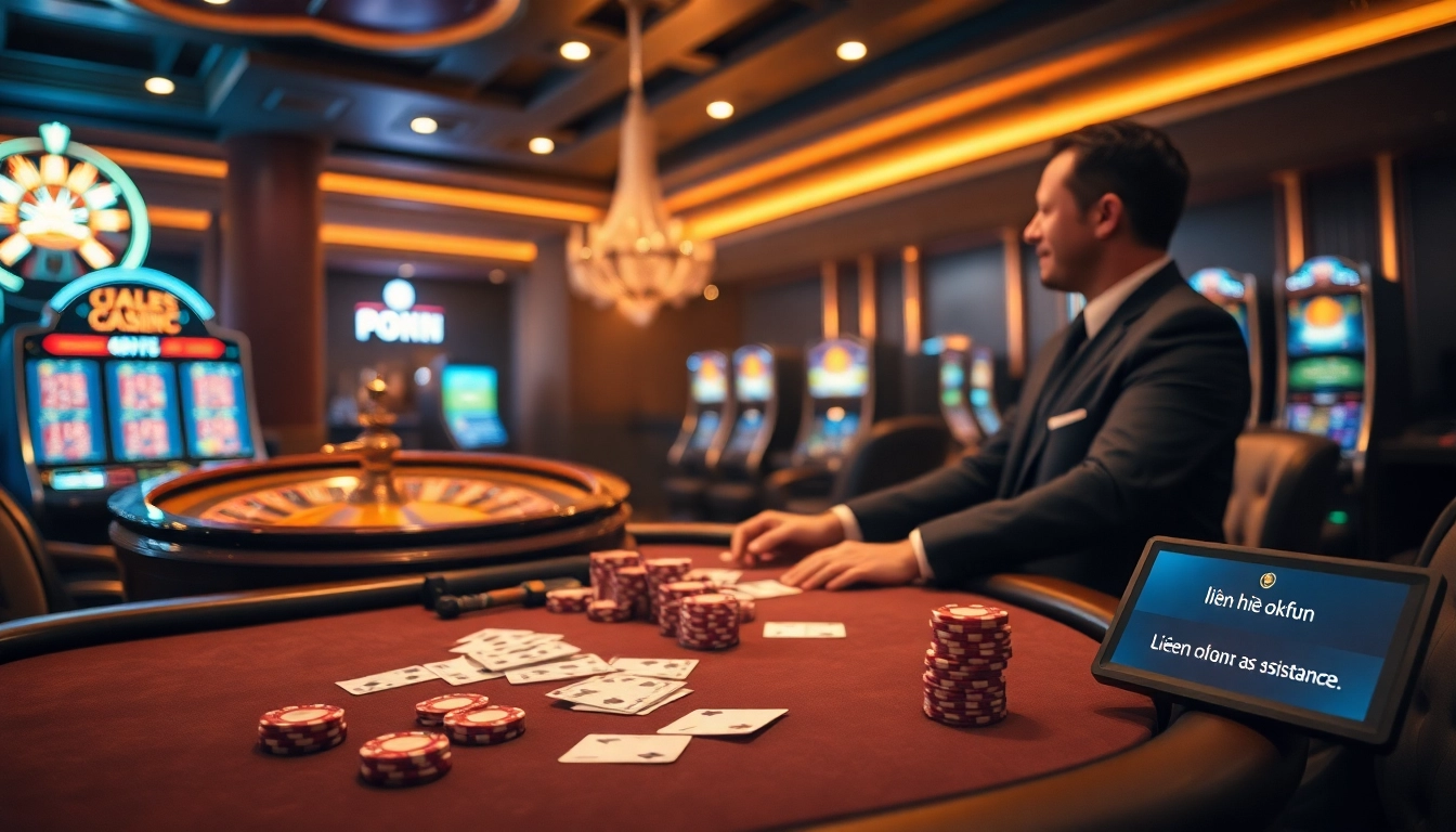 Engaging with customer support at OKFUN while playing exciting casino games, featuring high-stakes gambling elements.