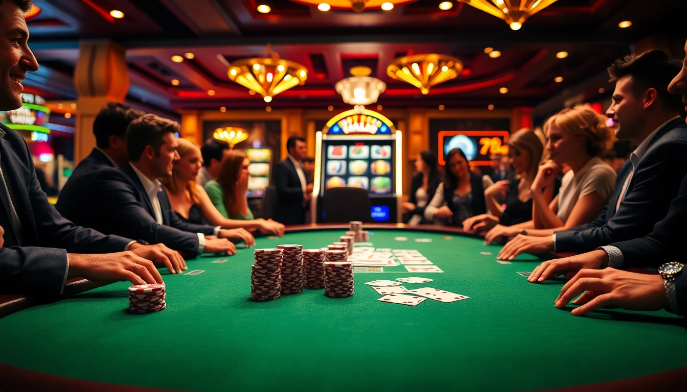 A thrilling poker game at 789club, showcasing vibrant chips and eager players at the casino.