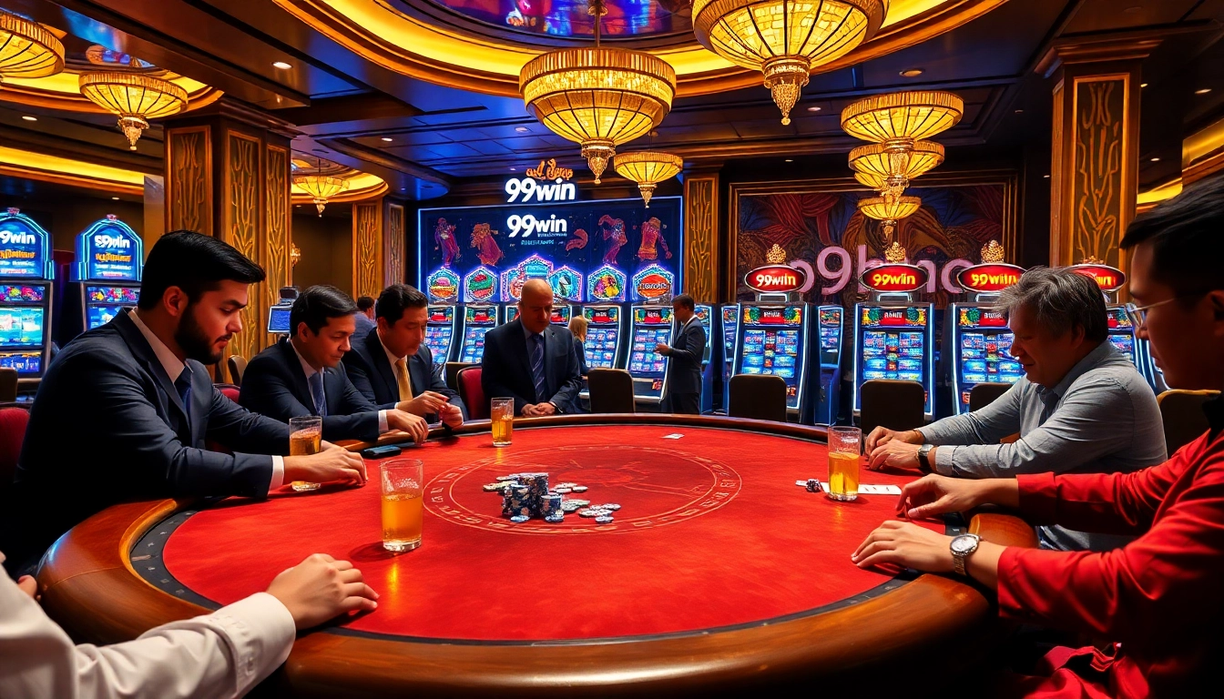 Exciting poker action at a 99win-themed casino with colorful chips and intense gameplay.