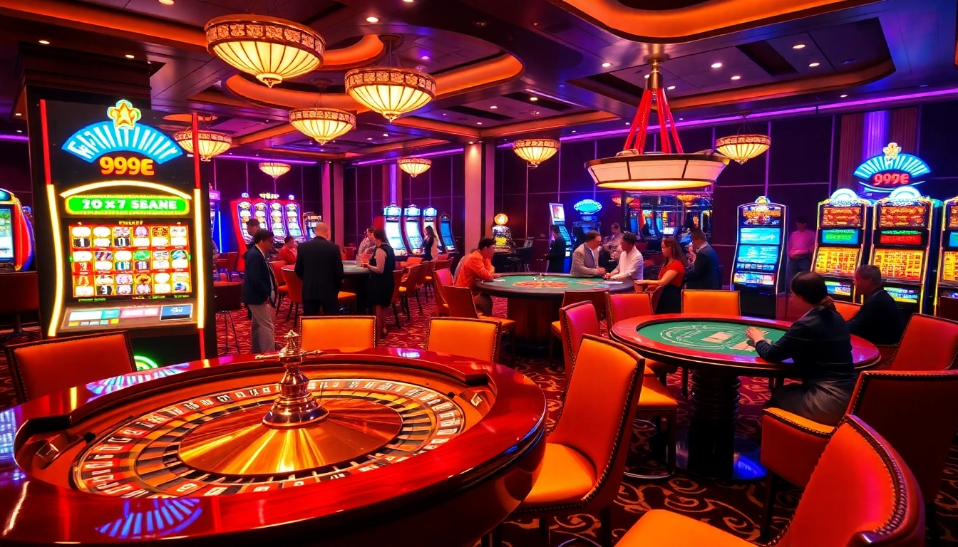 Players enjoying thrilling games at 999E casino, with elegant tables and vibrant slot machines.
