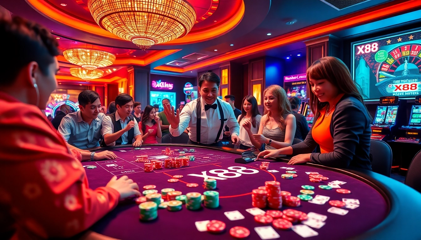 X88 gaming table with vibrant poker chips and excited players in a luxurious casino scene.