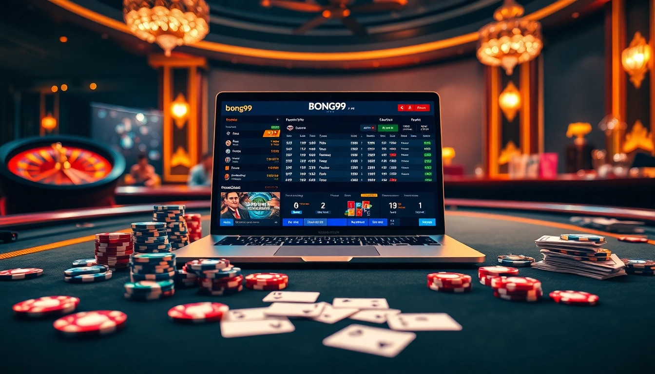 Experience the thrill of bong99 online gambling with a vibrant casino scene featuring poker chips, cards, and betting interfaces.