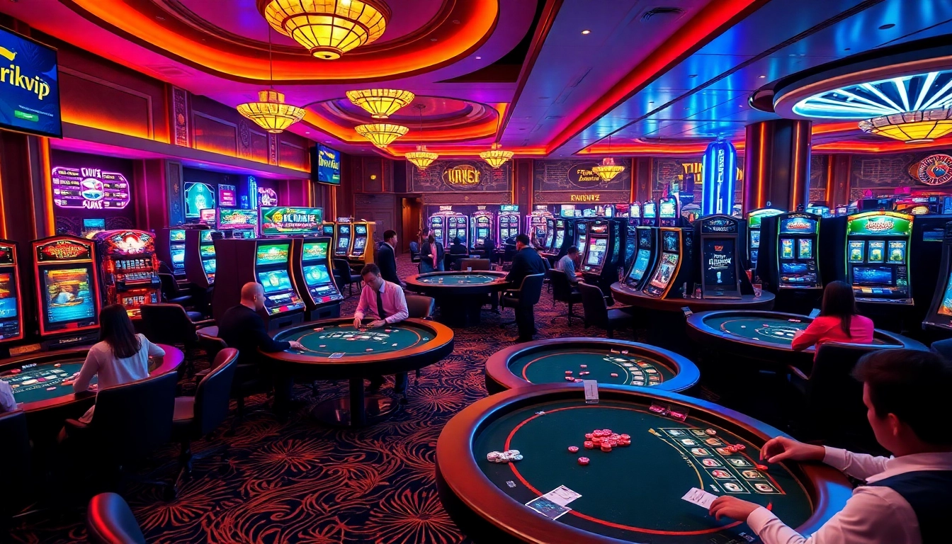 Experience the excitement at Rikvip casino with vibrant gaming tables and slot machines.