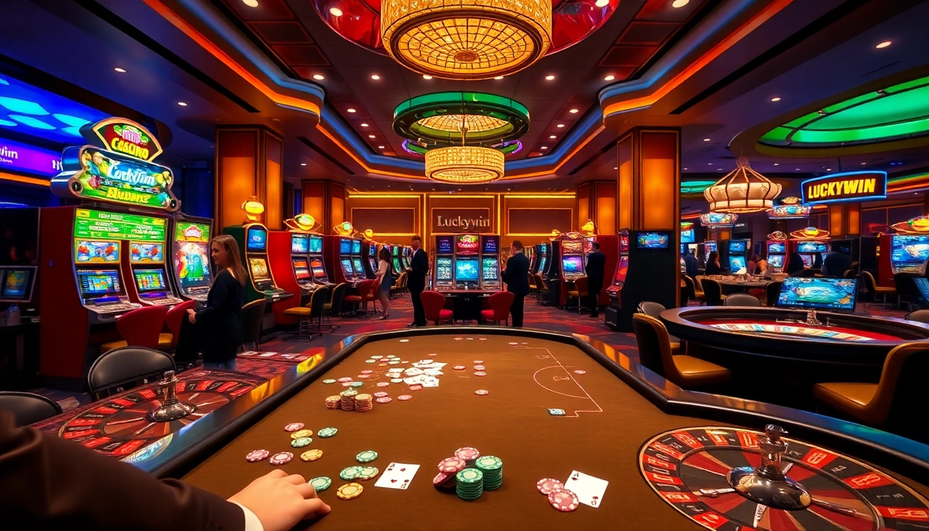 Play exciting games at Luckywin's vibrant casino with colorful slots and poker tables.