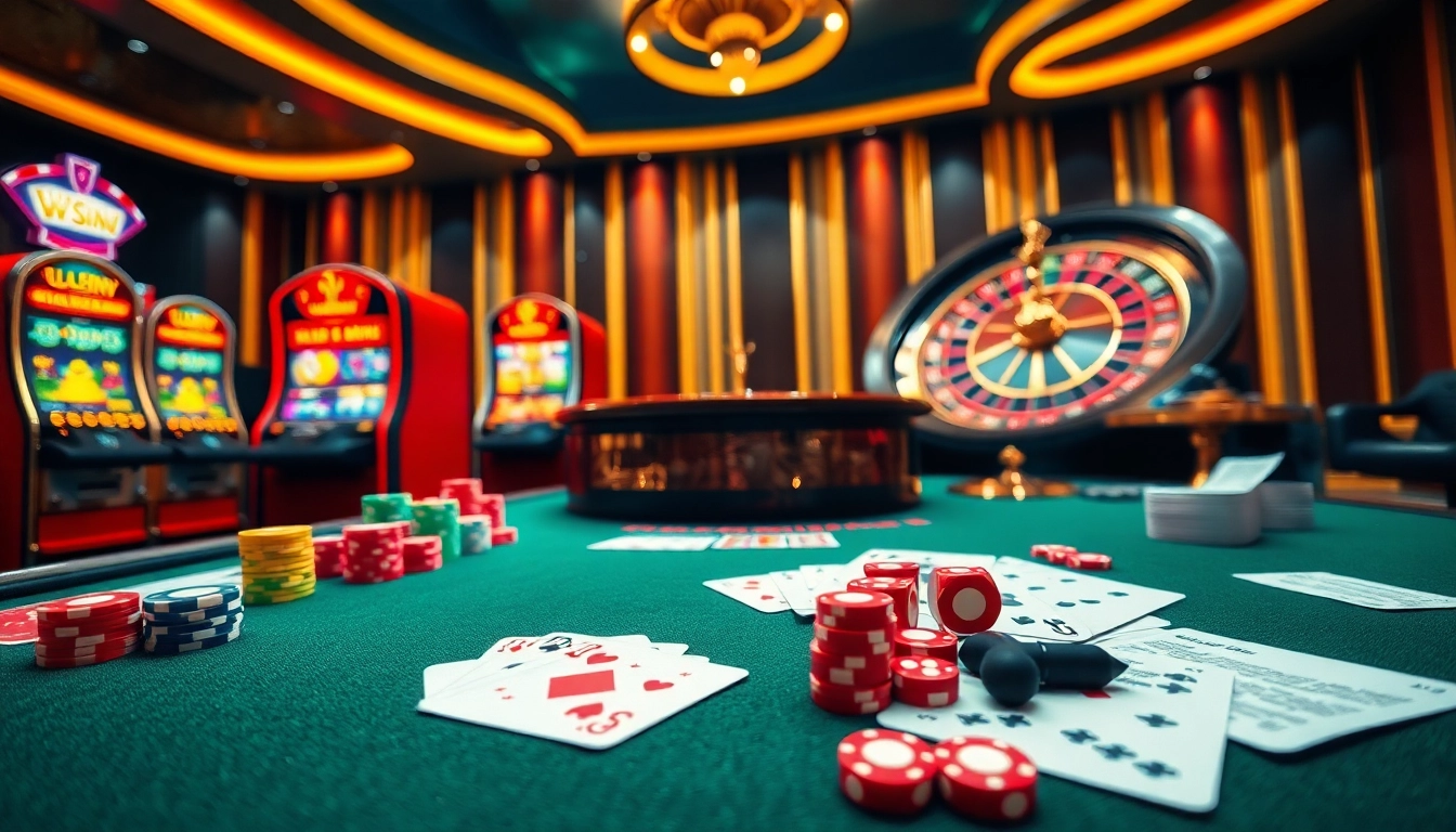 Experience thrilling gambling action at LuckyWin with vibrant casino tables and slot machines.