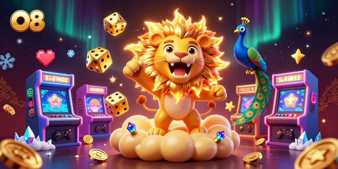 Experience exhilarating wins at O8 with a vibrant 3D cartoon casino scene featuring lucky symbols.