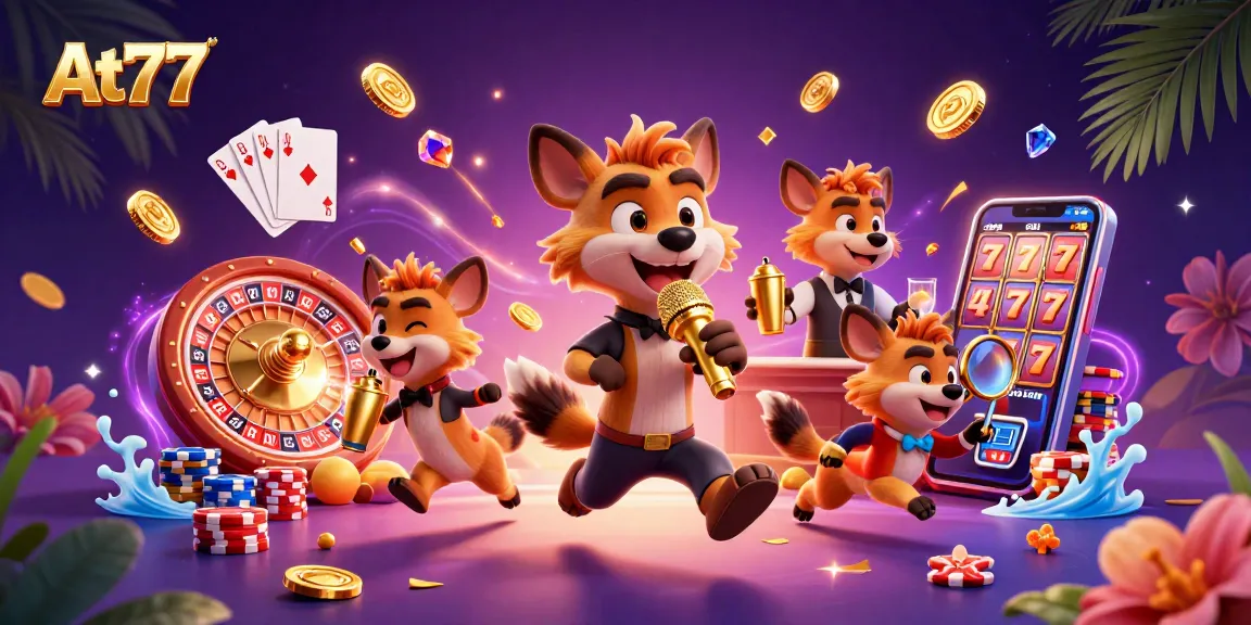 Experience the thrill of At77 with lively casino hyenas in a 3D comedy club scene.