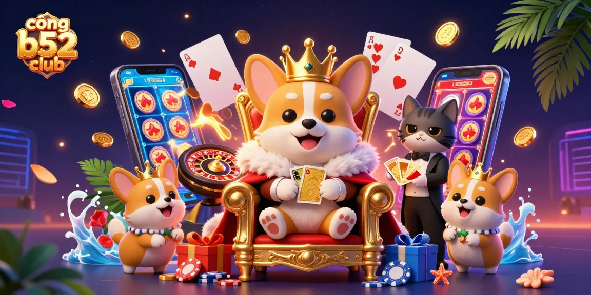 Enjoy the thrilling experience of cổng b52 club with a royal corgi throne scene full of vibrant casino elements.