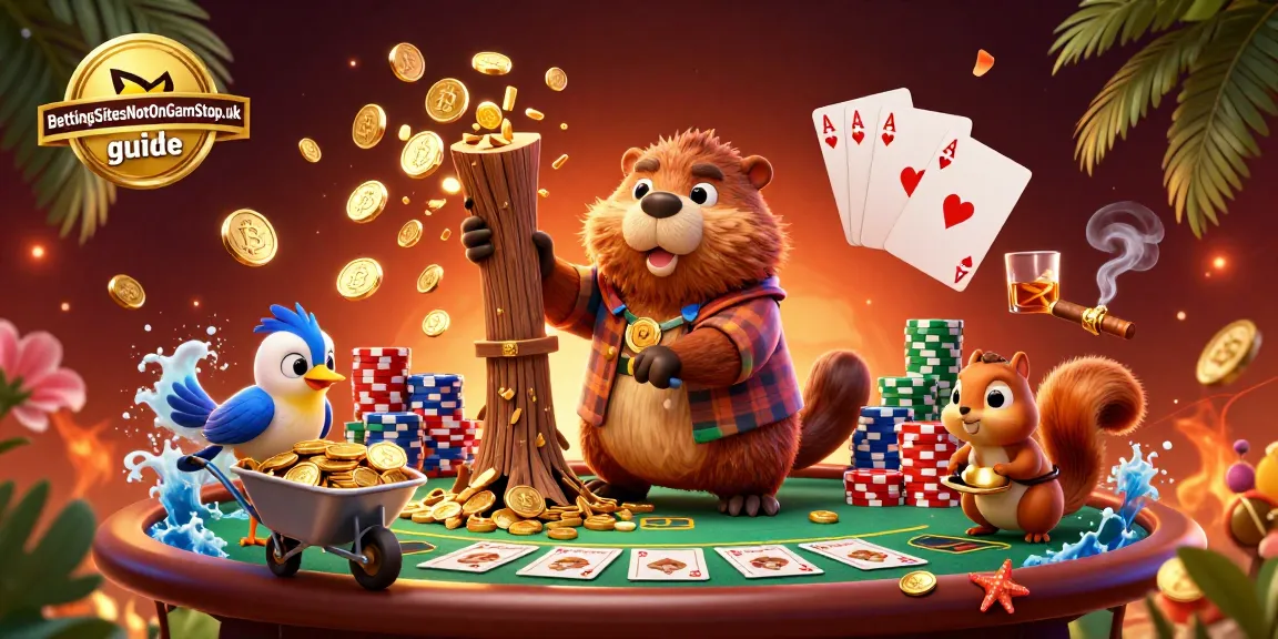 BettingSitesNotOnGamStop.uk guide features a vibrant scene with a beaver cutting a coin-producing tree, showcasing excitement and crypto elements.