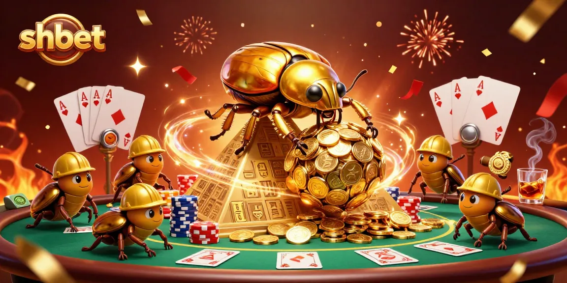 Experience thrilling gaming at shbet with golden beetles rolling coins in a vibrant casino scene.